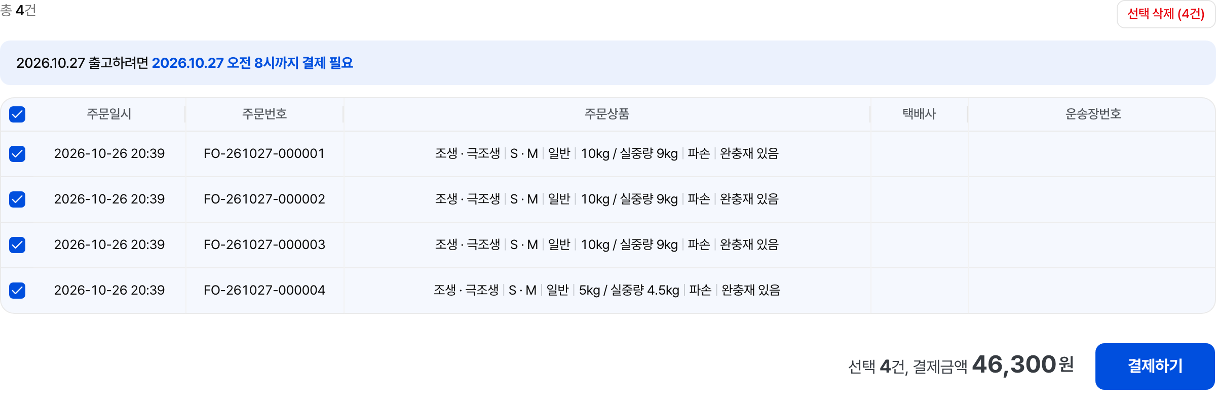 결제 대기 주문 4건을 선택하고 합계 46,300원을 확인한 결제 대기 화면